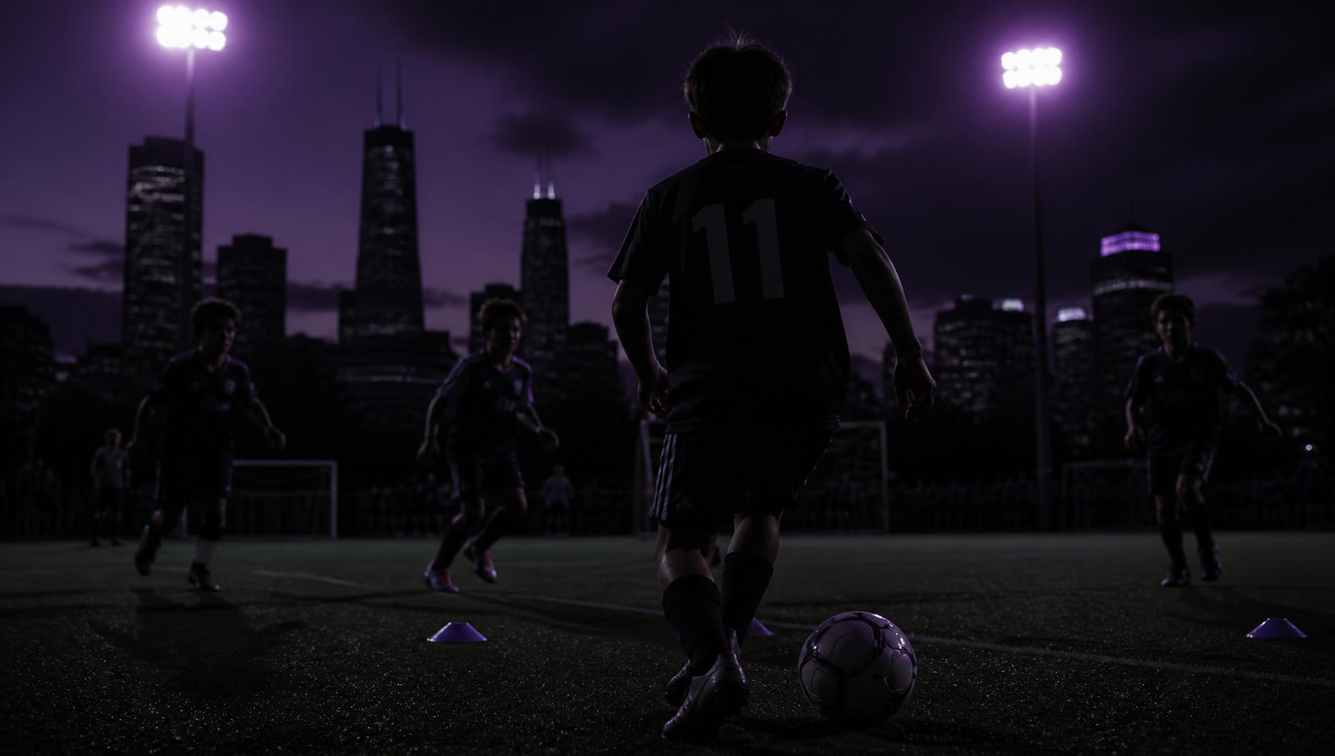 Youth players training under floodlights in Dallas